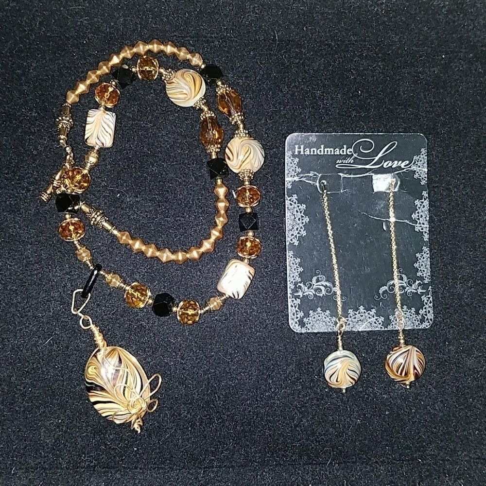 Handmade Lampwork Glass Bead Jewelry Set Brown Gold Necklace & Earrings